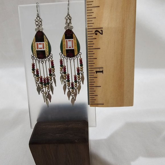 Southwestern Bead Dangle Earrings Silvertone - Picture 4 of 4